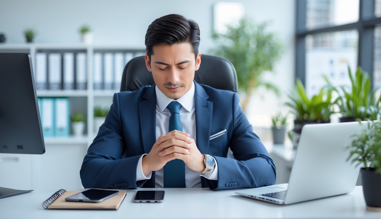 Seorang profesional berpakaian rapi duduk tenang di meja kantor modern dengan laptop dan ponsel, sedang mengelola stres di tengah jadwal yang padat.