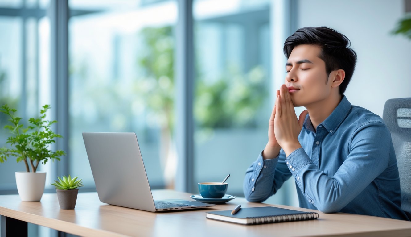 Seorang dewasa muda duduk tenang di meja kantor modern dengan laptop, cangkir teh, tanaman kecil, dan buku catatan, menunjukkan momen ketenangan dan fokus.