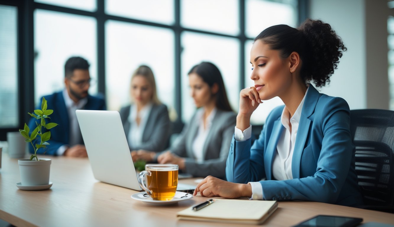 Seorang wanita profesional duduk di meja kantor modern dengan laptop, secangkir teh, dan tanaman kecil, tampak tenang dan fokus di lingkungan kerja yang mendukung.