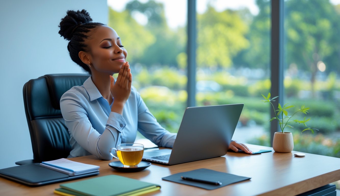 Seorang profesional duduk di meja kantor dengan mata tertutup dan tersenyum, mengambil napas dalam di ruangan yang terang dengan pemandangan hijau di luar jendela.