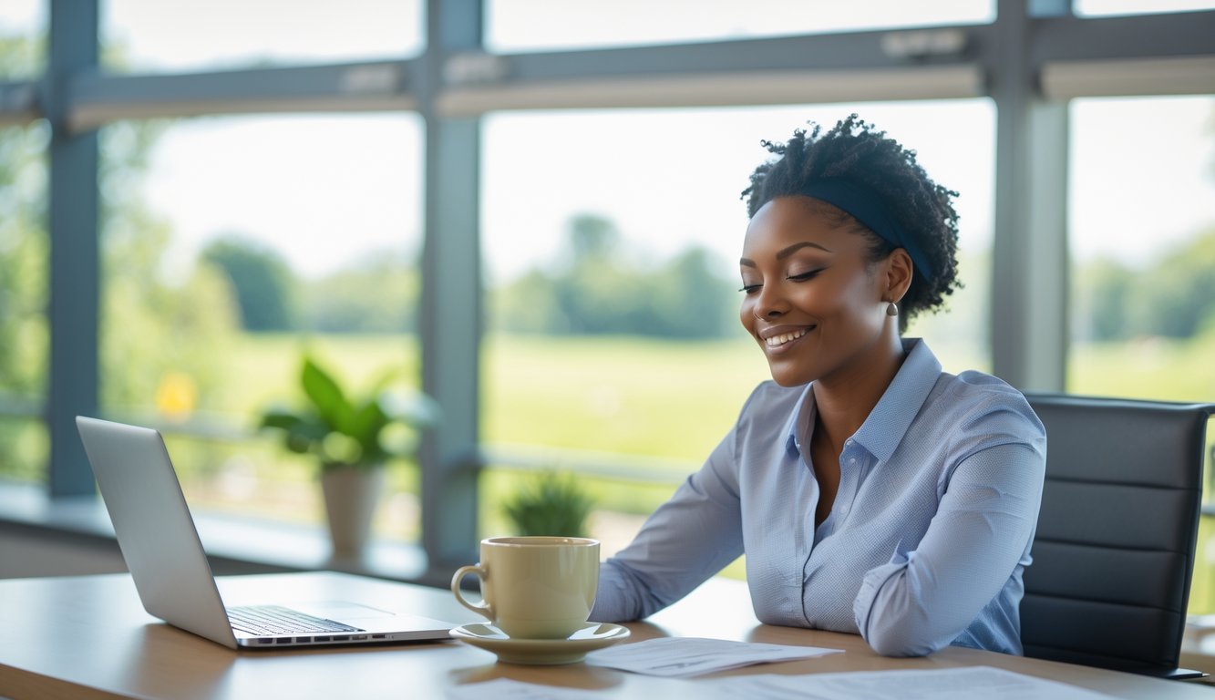 Seorang profesional duduk santai di meja kerja dengan latar jendela besar yang menampilkan pemandangan hijau, menunjukkan suasana tenang dan seimbang antara kerja dan hidup.