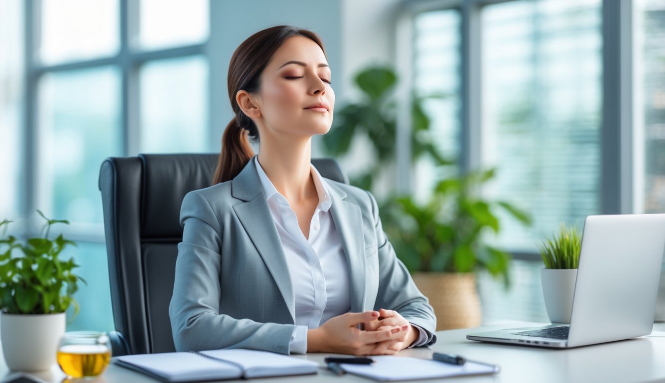 Seorang wanita profesional duduk tenang di kantor terang, bermeditasi dengan mata tertutup dan tangan terletak di pangkuan, dikelilingi tanaman dan alat kerja yang rapi.