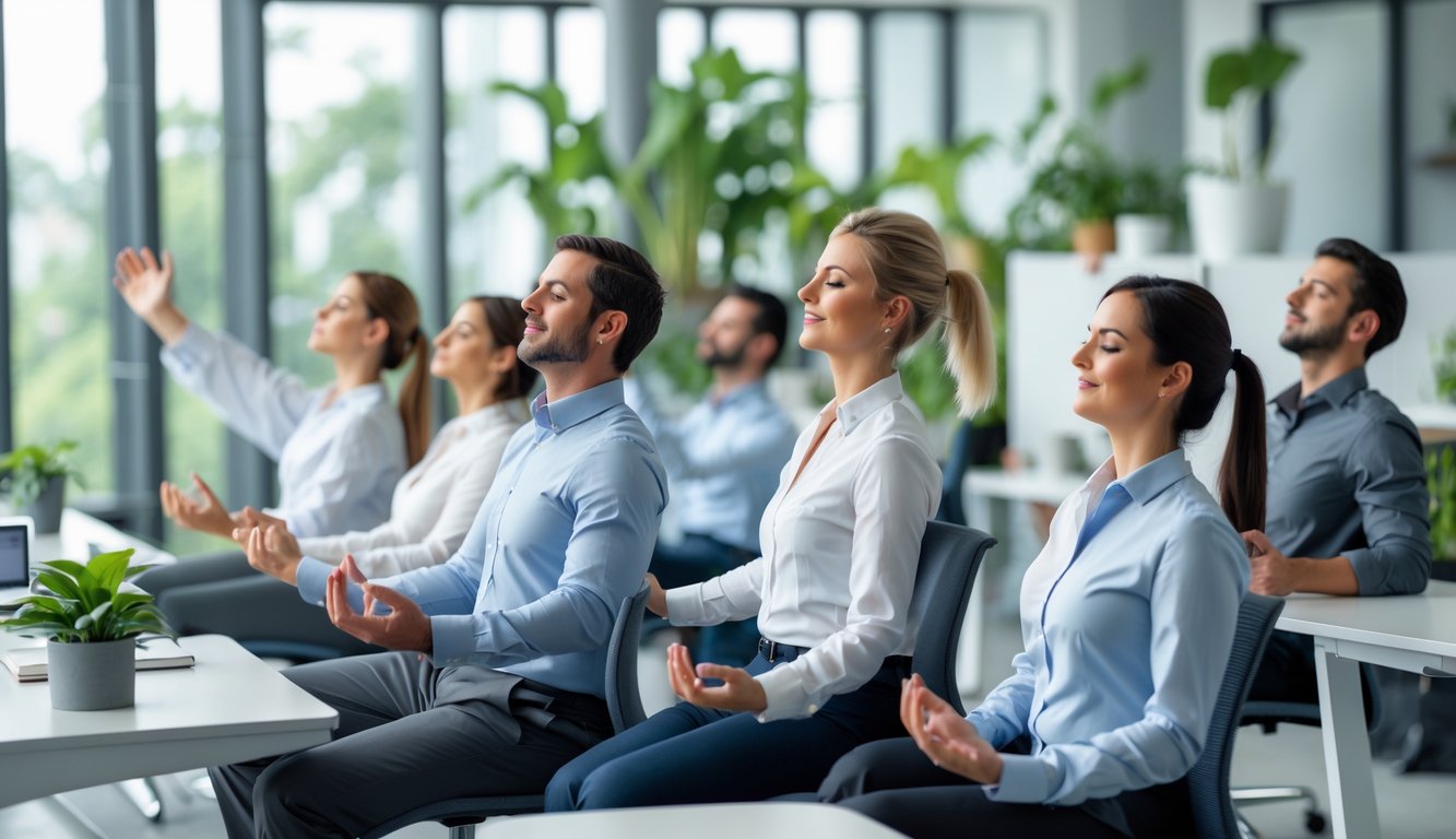Sekelompok profesional sedang melakukan teknik relaksasi dan peregangan di kantor yang terang dan nyaman.