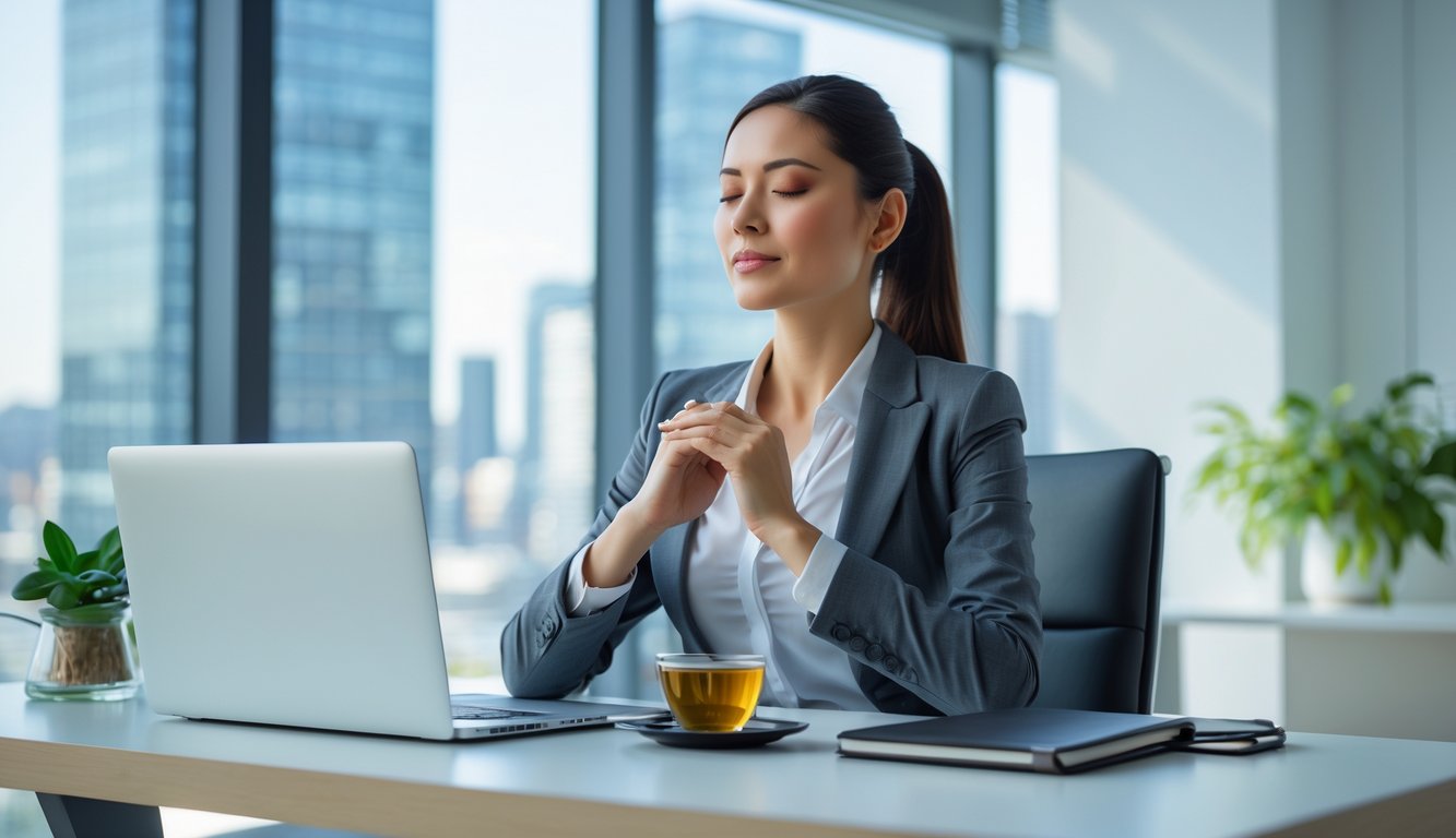 Seorang wanita profesional duduk di meja kantor modern, terlihat tenang dan fokus sambil melakukan teknik pernapasan untuk mengatasi stres.