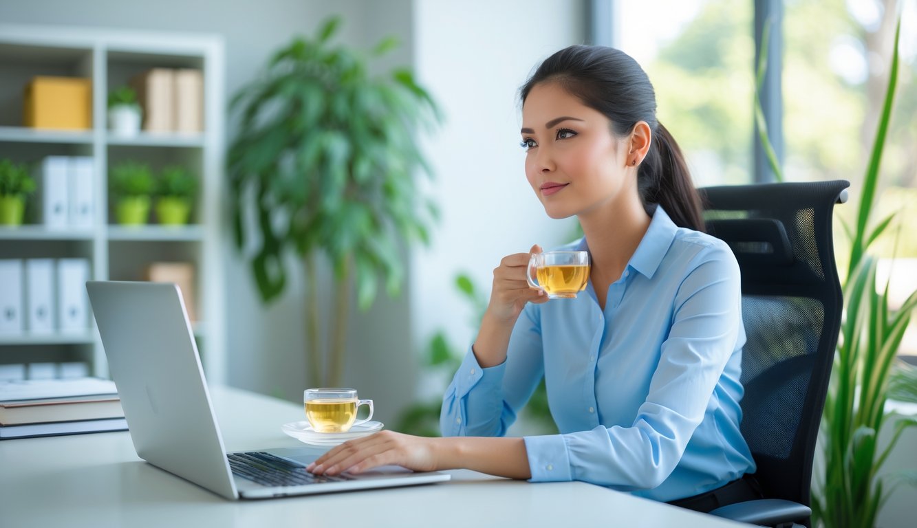 Seorang profesional muda duduk tenang di meja kantor modern dengan laptop dan secangkir teh, di ruang kerja yang rapi dan berhiaskan tanaman hijau.