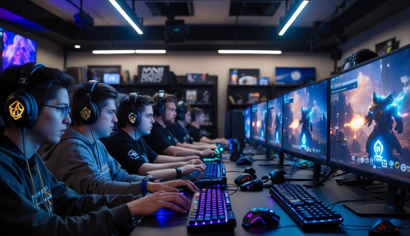 Sekelompok pemain Dota 2 sedang bermain dengan serius di ruang game yang terang dan modern.