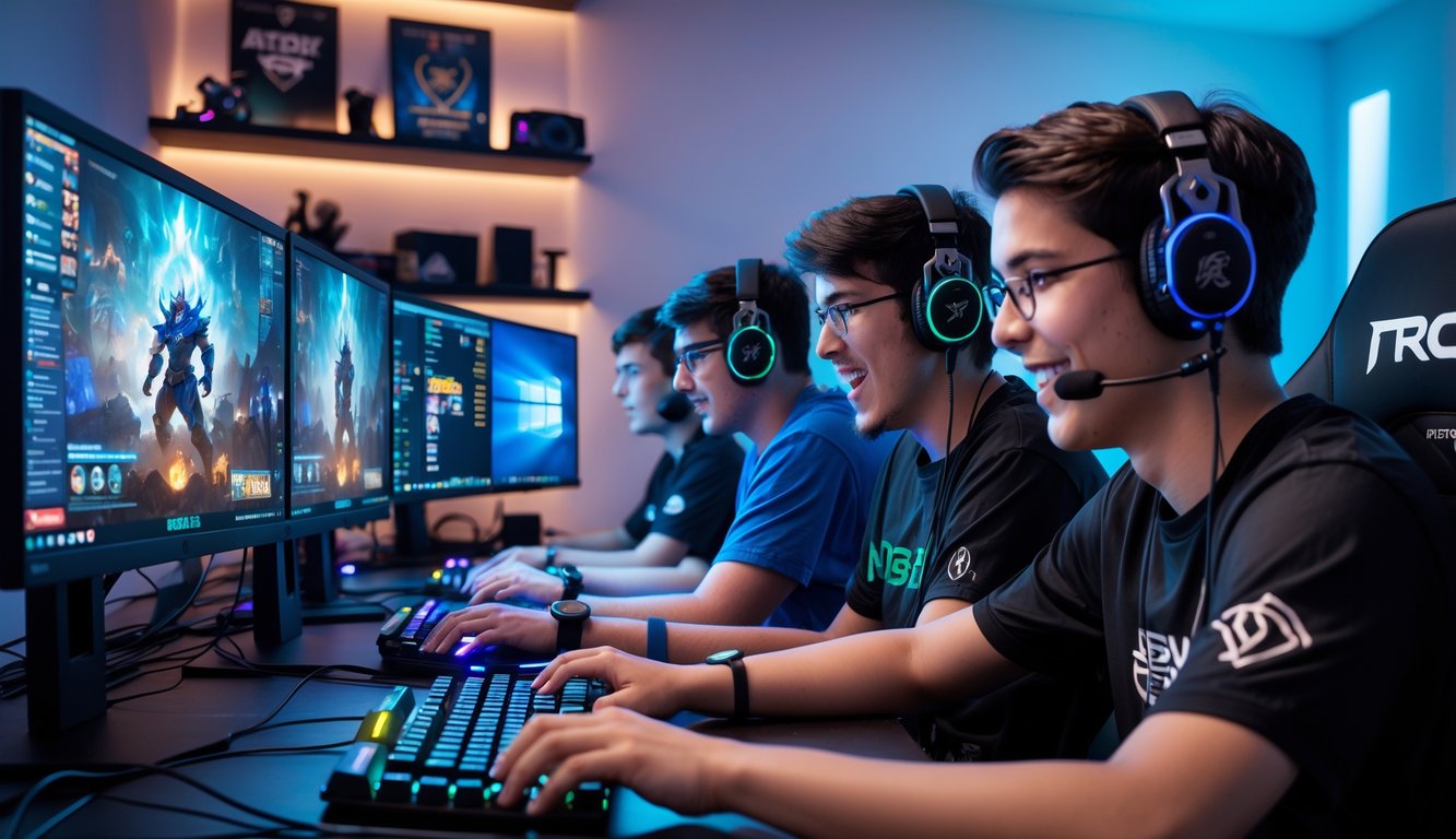 Sekelompok orang muda sedang bermain Dota 2 di komputer dengan fokus dan semangat dalam ruangan gaming modern.