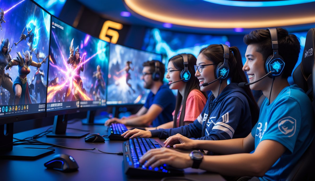 Sekelompok pemain game sedang bermain bersama dengan antusias di ruangan gaming modern dengan layar besar yang menampilkan karakter fantasi dan aksi pertarungan.