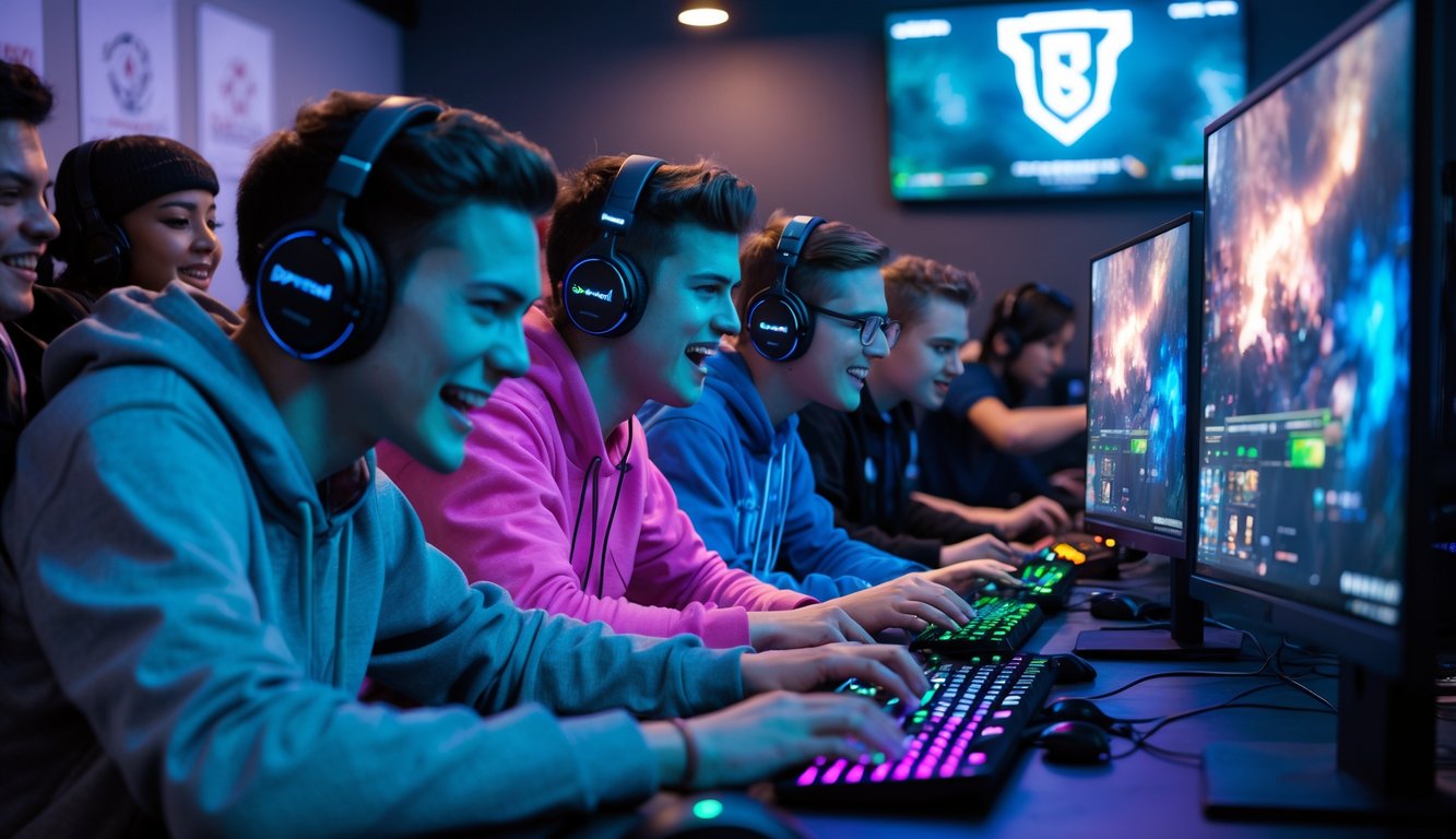 Sekelompok orang muda bermain game komputer bersama dengan fokus dan antusiasme di ruangan gaming yang modern.