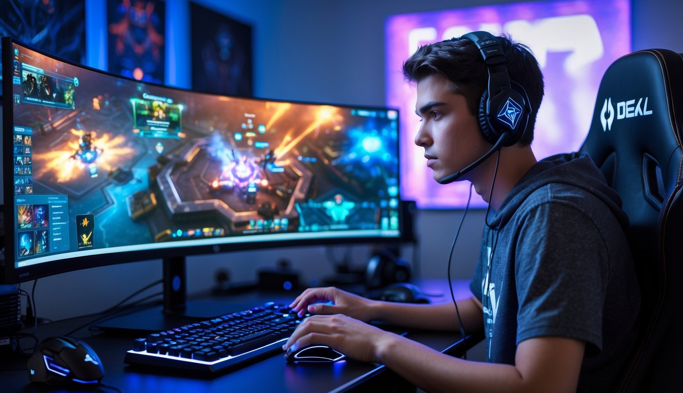 Seorang gamer muda yang fokus bermain Dota 2 di depan layar komputer dengan perlengkapan gaming di ruangan yang terang dan rapi.