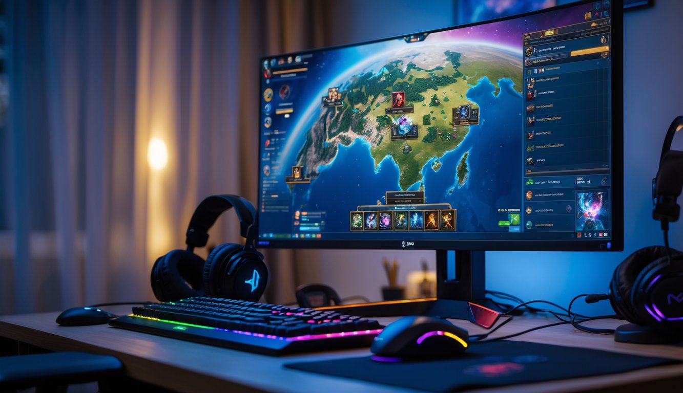 Sebuah setup komputer dengan layar menampilkan permainan Dota 2 dan perlengkapan gaming di meja.