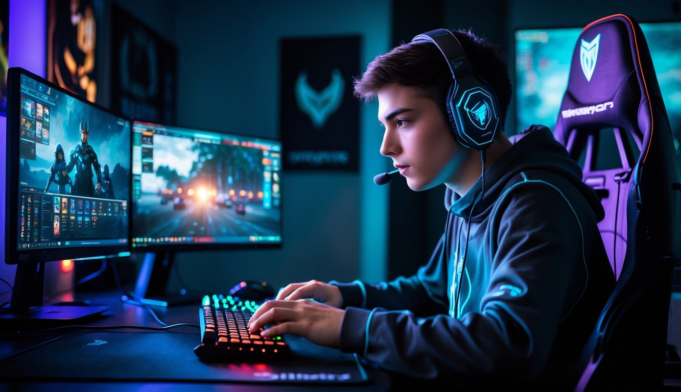 Seorang gamer muda yang fokus bermain game kompetitif online di meja gaming dengan beberapa monitor dan perlengkapan gaming.