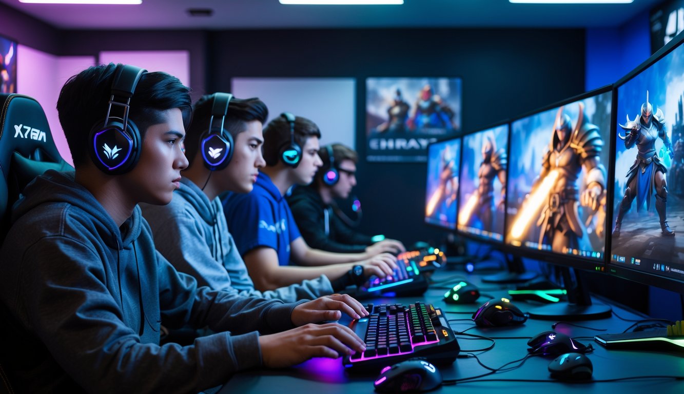 Sekelompok pemain muda fokus bermain Dota 2 di ruangan gaming dengan monitor besar dan perlengkapan gaming lengkap.