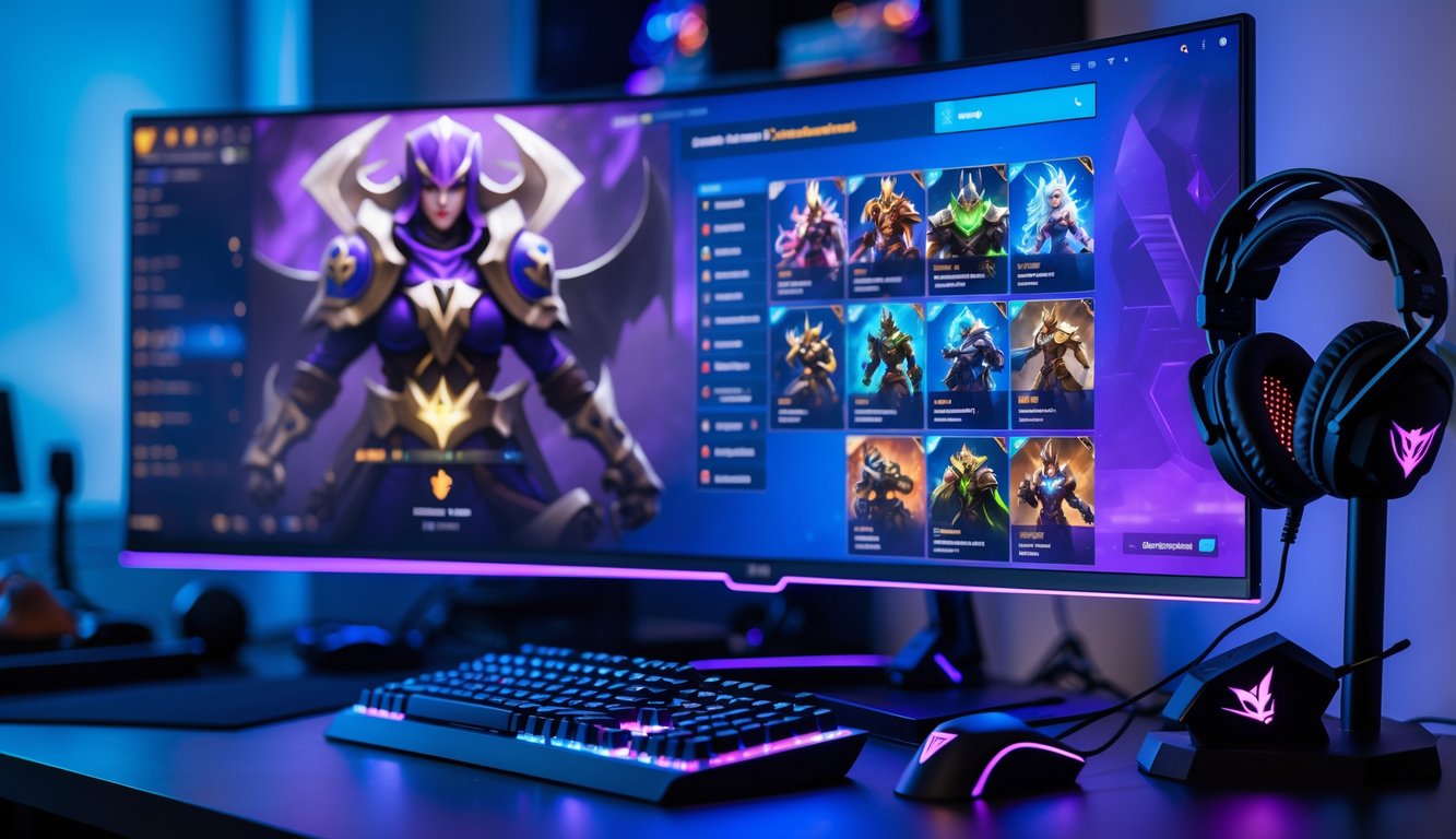 Sebuah meja gaming dengan monitor besar menampilkan layar pemilihan hero Dota 2, dikelilingi oleh keyboard, mouse, dan headset gaming, dalam ruangan dengan pencahayaan ambient biru dan ungu.