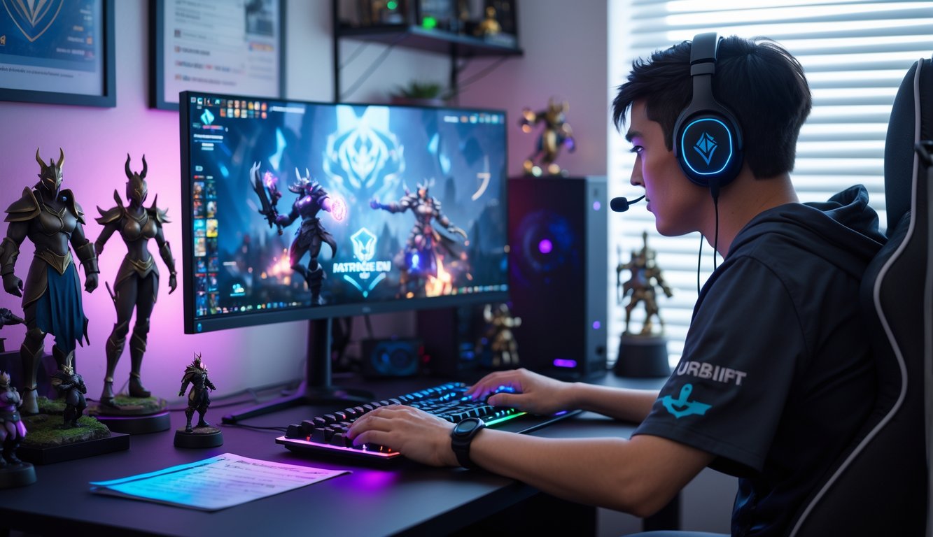 Seorang pemain sedang bermain Dota 2 di depan komputer dengan layar menampilkan karakter game, di meja terdapat lampu LED dan dekorasi bertema Dota 2.