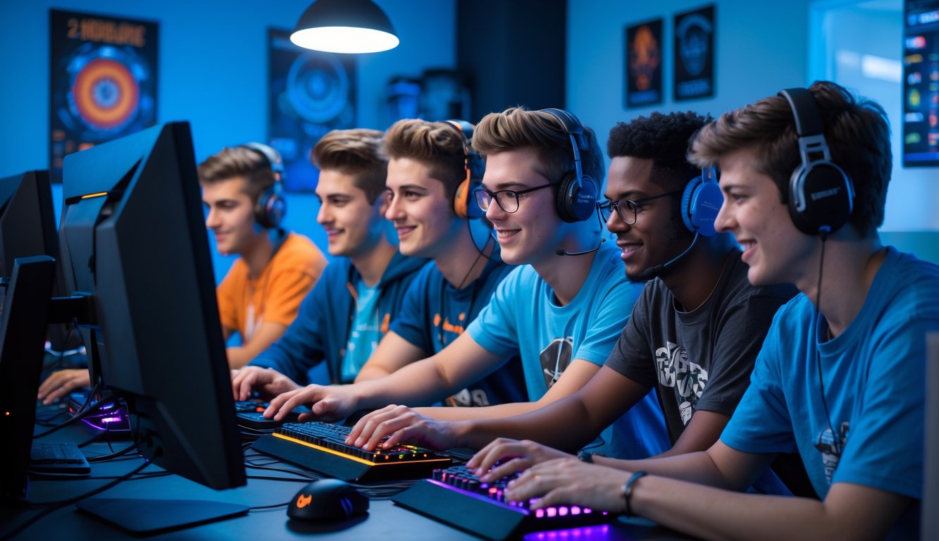 Sekelompok orang muda bermain game bersama di sebuah ruangan dengan komputer dan lampu RGB.