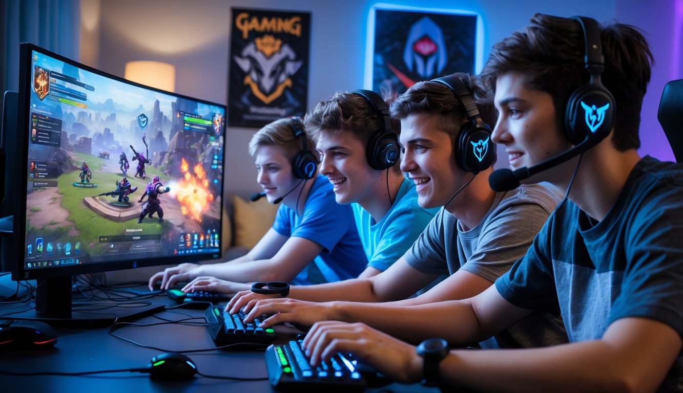 Sekelompok orang muda bermain video game bersama di ruang tamu yang terang dengan layar komputer besar yang menampilkan permainan strategi.