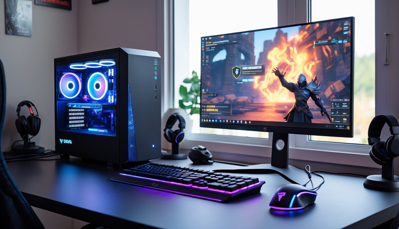 Sebuah setup gaming modern dengan komputer dan monitor menampilkan permainan Dota 2 yang diatur untuk PC dengan spesifikasi rendah.
