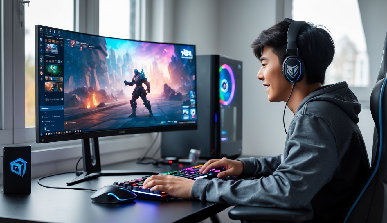 Seorang pemain muda sedang bermain Dota 2 di komputer dengan spesifikasi rendah di meja yang rapi dan terang.