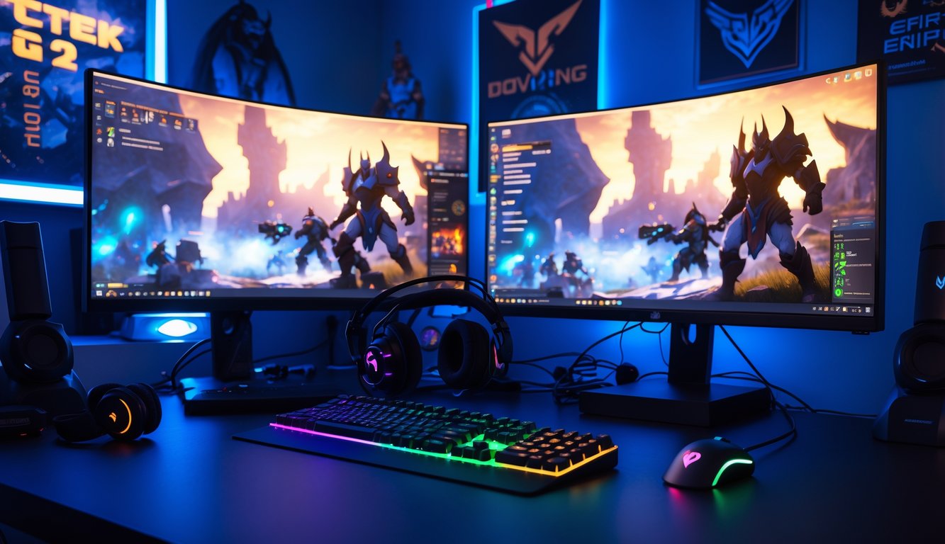 Sebuah ruang bermain game dengan komputer dan dua monitor menampilkan permainan Dota 2, dilengkapi dengan perangkat gaming dan dekorasi bertema Dota 2.