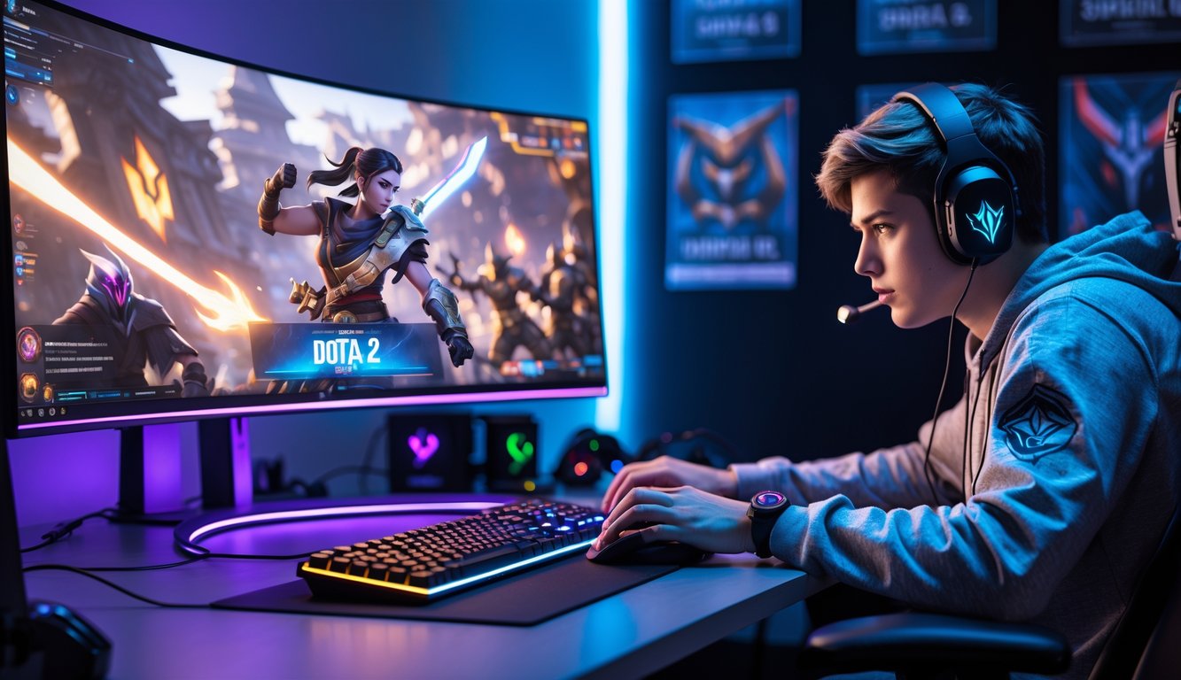 Seorang pemain game sedang bermain Dota 2 di depan komputer dengan monitor besar yang menampilkan adegan permainan yang intens, di ruangan dengan pencahayaan ambient dan perlengkapan game.