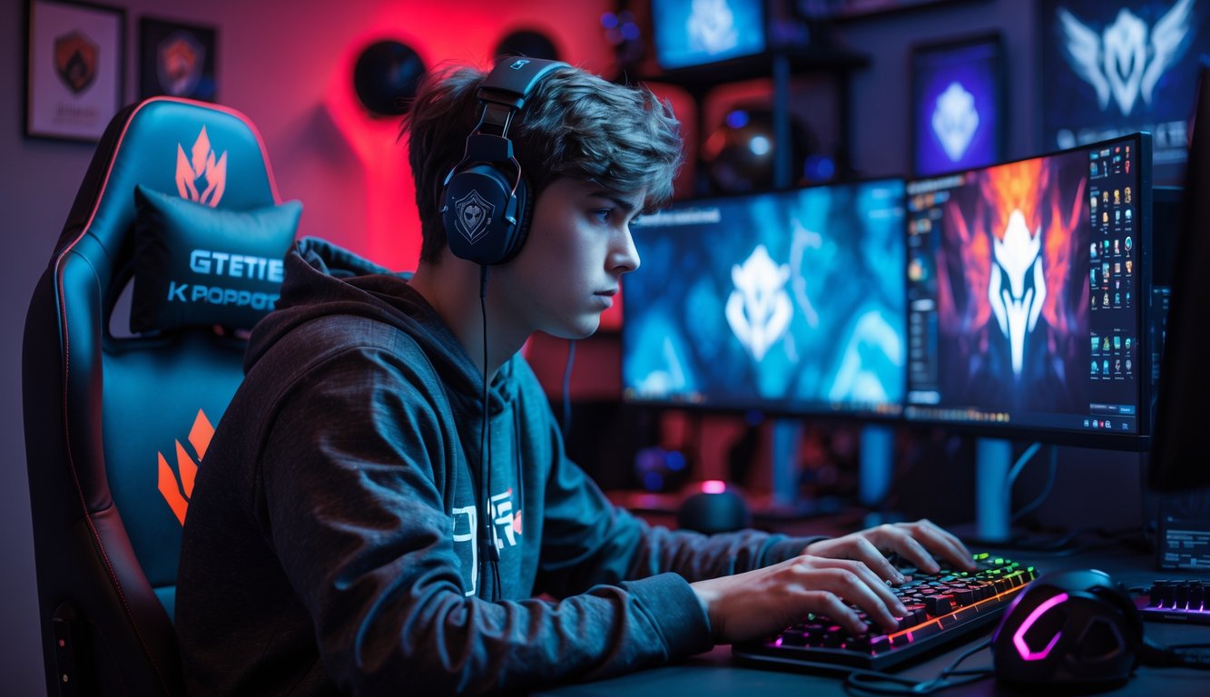 Seorang pemain esports muda yang fokus bermain game kompetitif di ruang gaming dengan beberapa monitor dan perlengkapan gaming.
