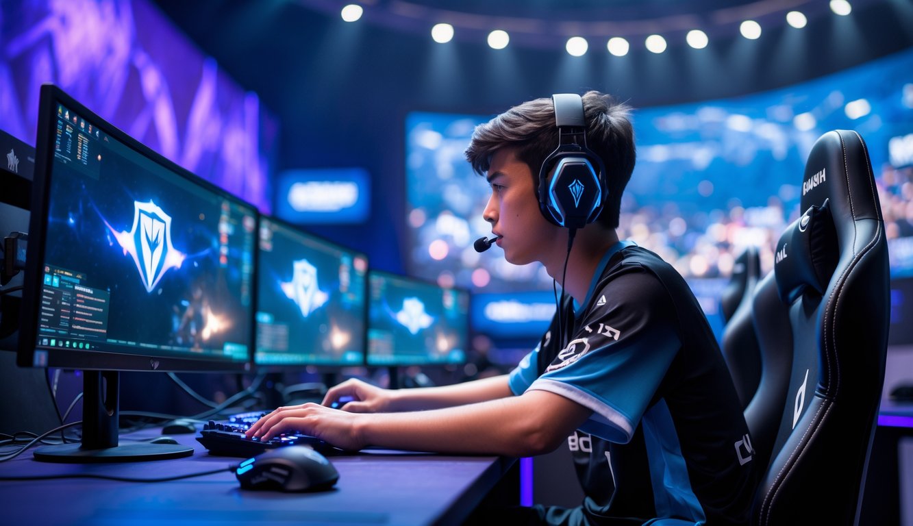 Seorang pemain muda fokus bermain Dota 2 di depan beberapa monitor dengan headset di ruang bermain esports.