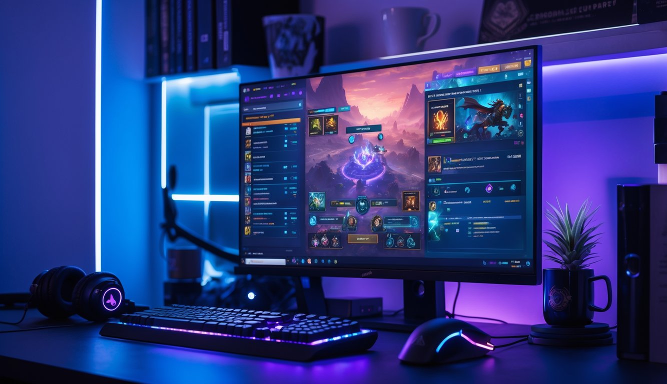 Sebuah setup permainan komputer modern dengan layar menampilkan permainan Dota 2 dan aksesori gaming di meja.