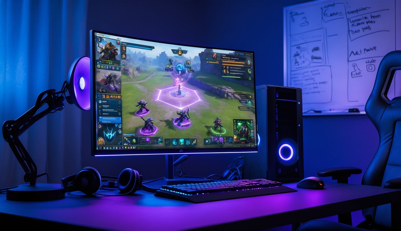 Sebuah setup komputer modern dengan layar menampilkan permainan Dota 2, dilengkapi dengan aksesori gaming dan pencahayaan ambient di ruang yang nyaman.