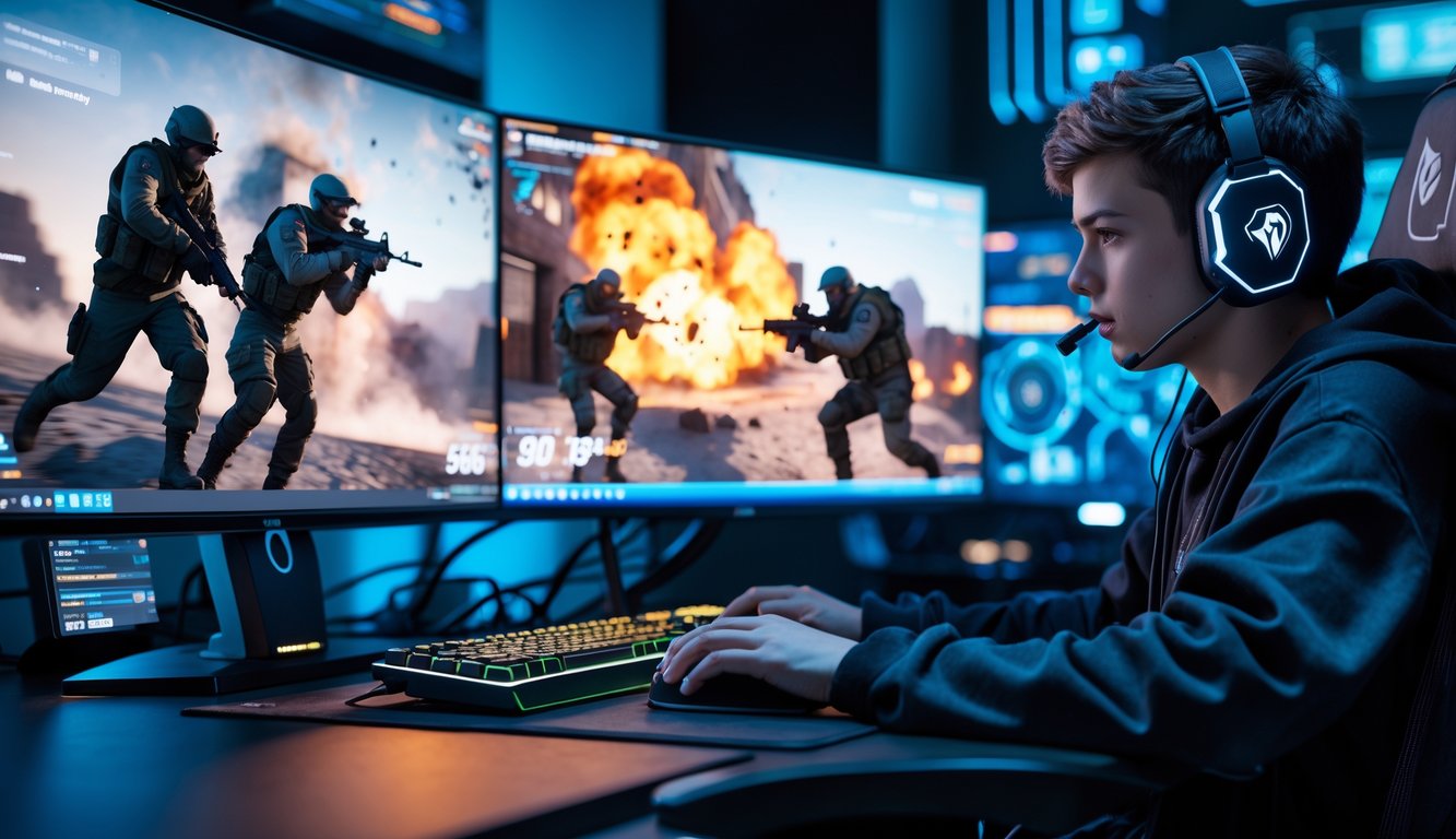 Seorang gamer muda fokus bermain game dengan setup komputer modern dan layar menampilkan aksi intens dari game Counter-Strike 2.