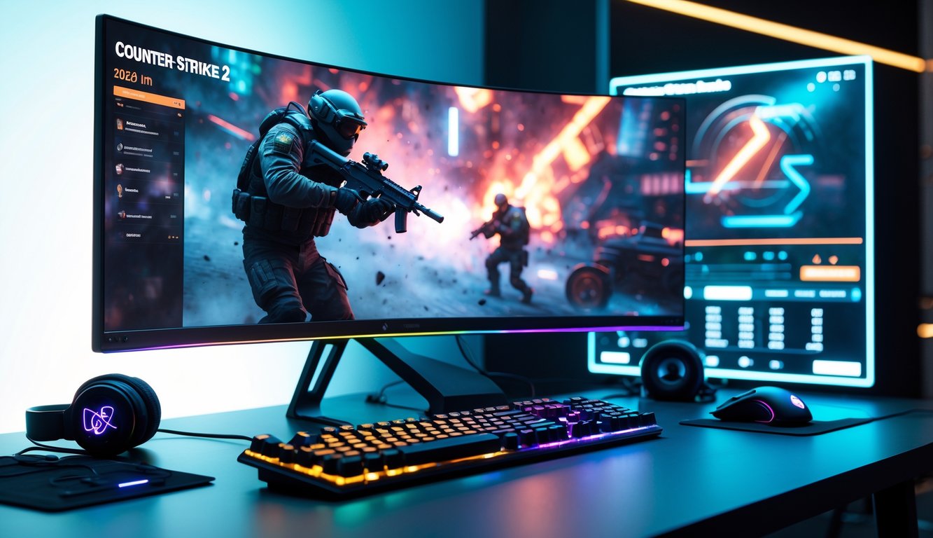 Sebuah setup komputer modern dengan layar menampilkan permainan Counter-Strike 2 yang dinamis dan futuristik, dilengkapi dengan perangkat gaming di meja dan pencahayaan ambient neon.