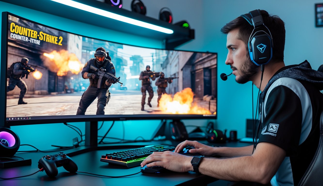 Seorang gamer sedang bermain game tembak-menembak di meja gaming dengan monitor besar dan perlengkapan gaming lengkap.