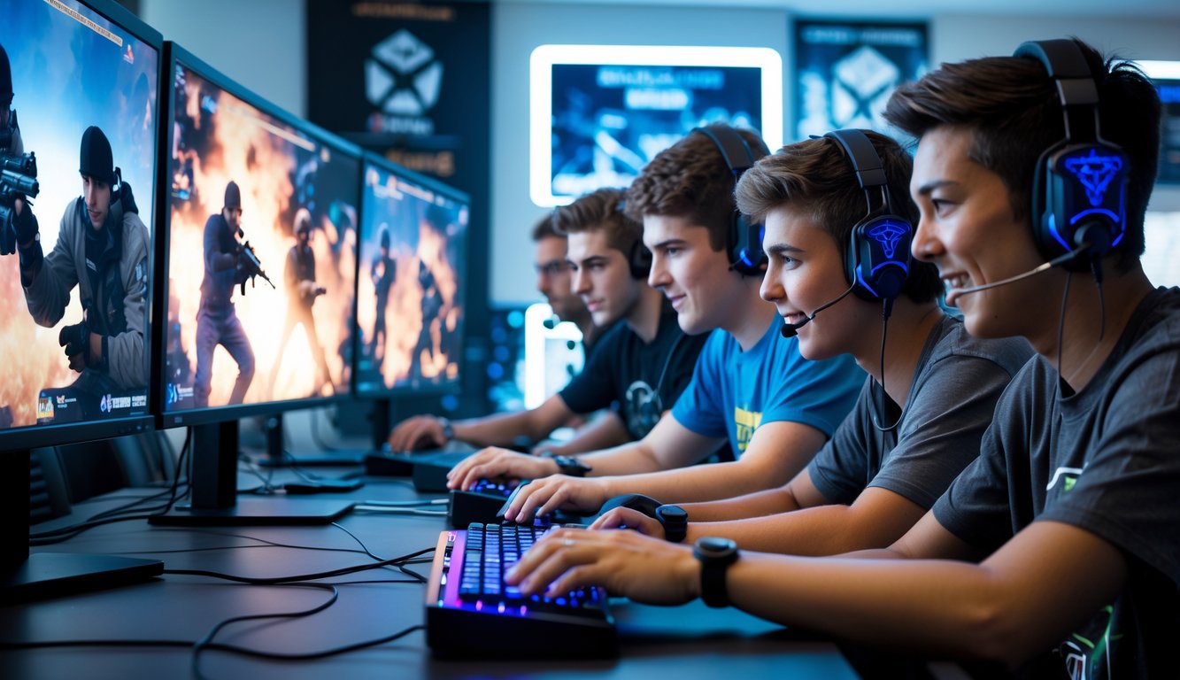 Sekelompok orang muda sedang bermain video game tembak-menembak di sebuah ruangan dengan peralatan gaming modern.