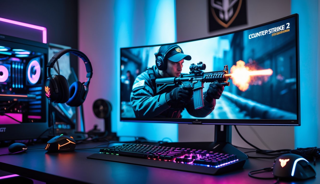 Sebuah setup gaming modern dengan monitor besar menampilkan permainan tembak-menembak, dengan pemain yang memegang senjata canggih di layar.