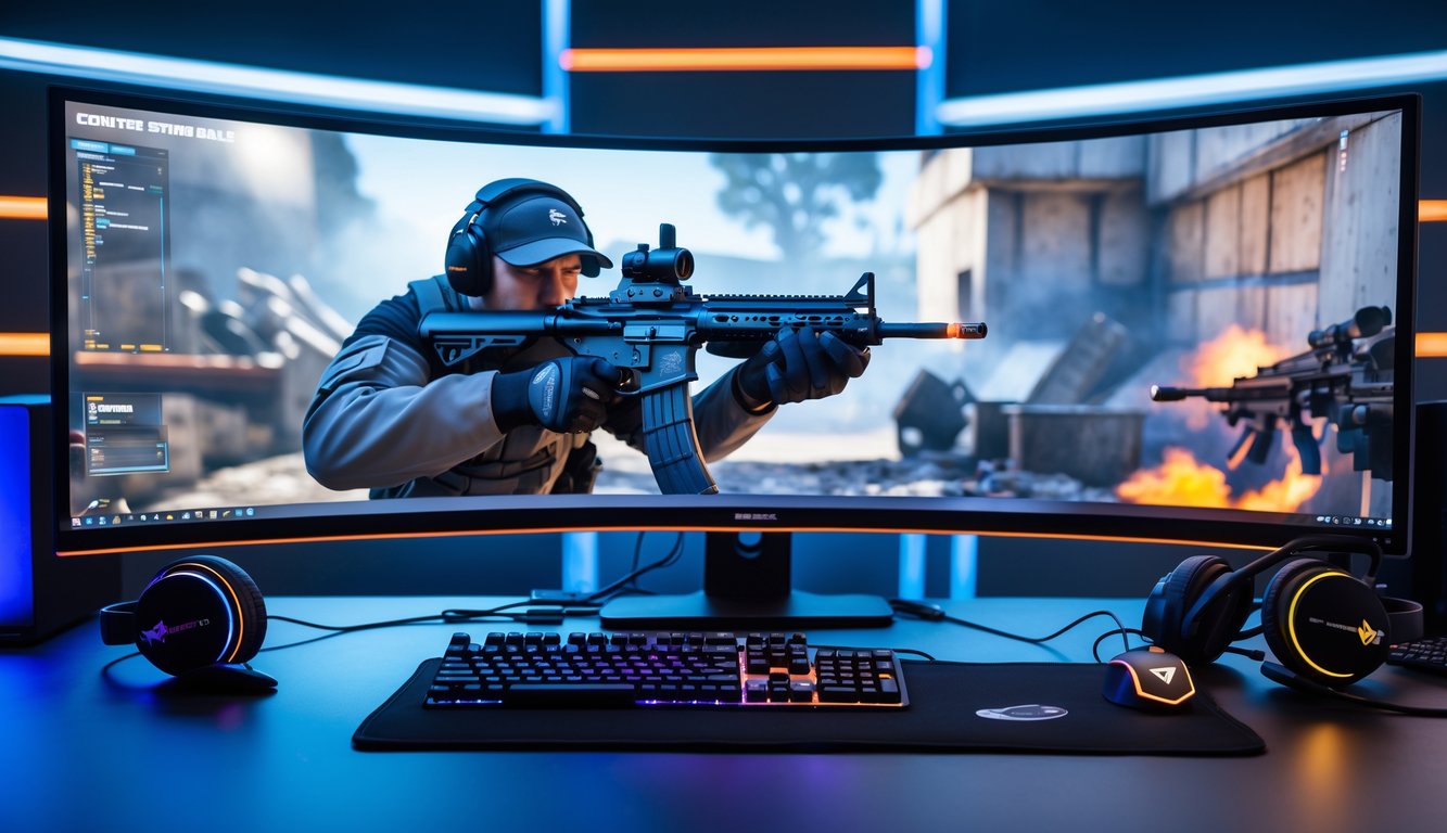Sebuah meja gaming modern dengan monitor besar yang menampilkan adegan permainan Counter-Strike 2, dilengkapi dengan keyboard mekanik, mouse gaming, dan headphone di lingkungan yang tertata rapi.