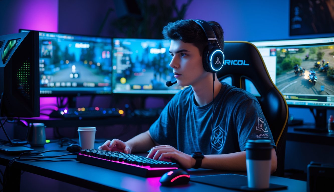Seorang pemain game muda yang fokus duduk di depan komputer dengan beberapa layar menampilkan permainan tembak-menembak kompetitif.