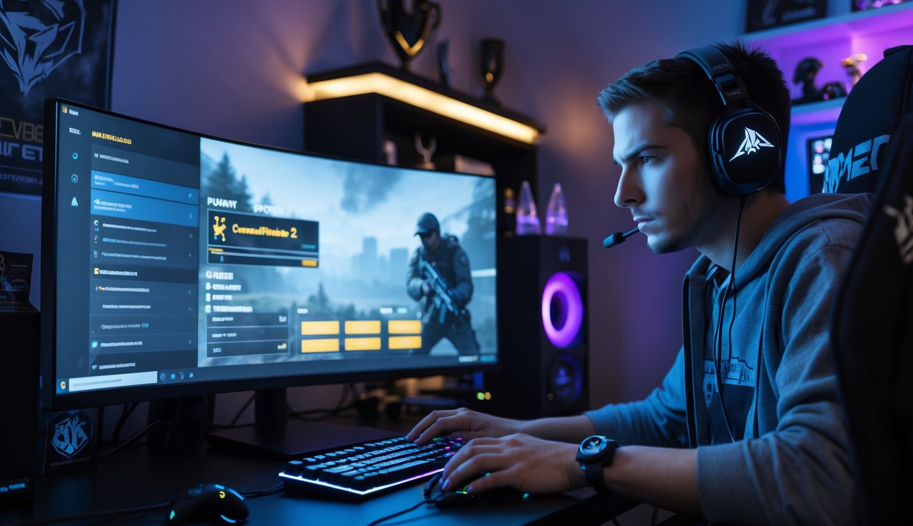 Seorang pemain game fokus bermain Counter-Strike 2 di setup komputer modern dengan pencahayaan RGB dan monitor menampilkan layar permainan kompetitif.
