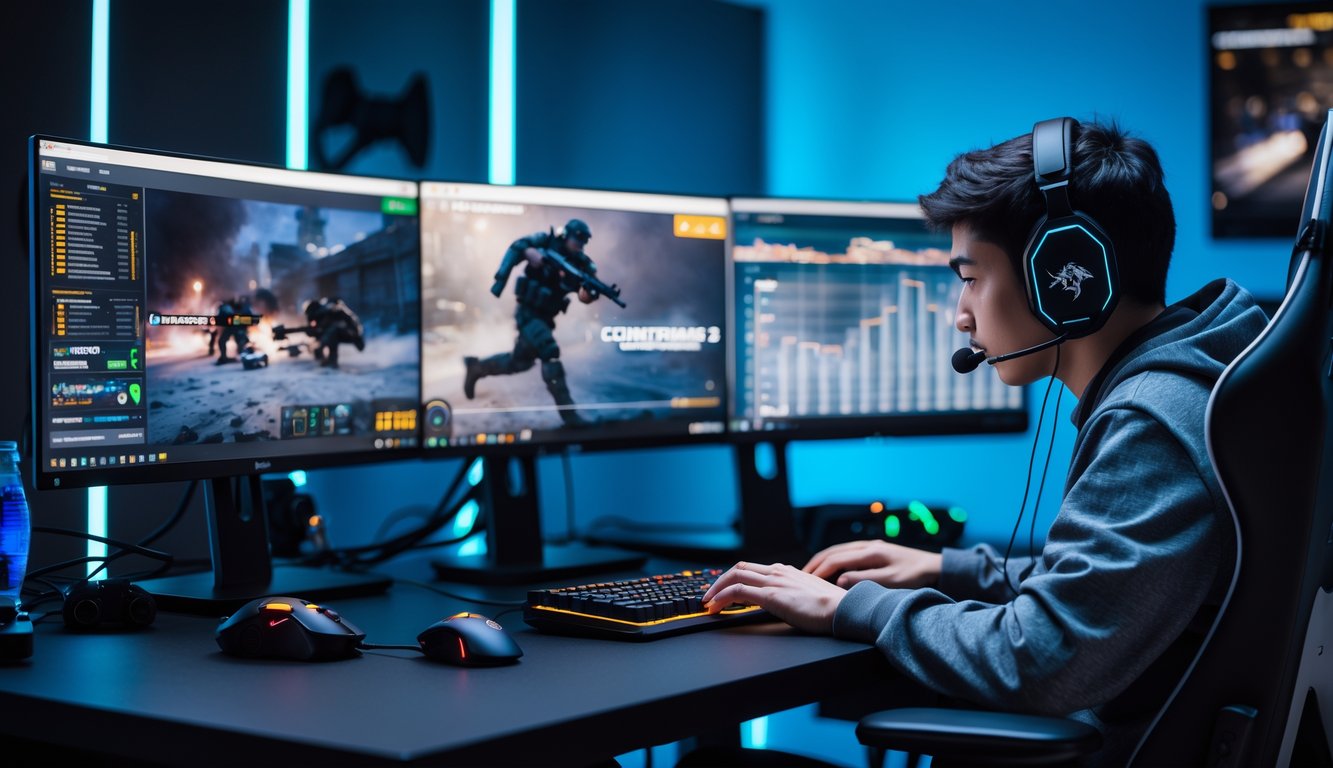 Seorang pemain game sedang menganalisis gameplay Counter-Strike 2 di depan beberapa monitor dalam ruang kerja yang rapi.