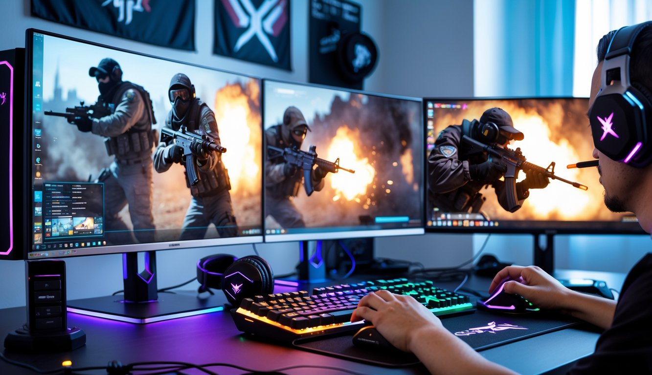 Sebuah setup gaming modern dengan komputer dan monitor yang menampilkan permainan Counter-Strike 2, tangan pemain sedang menggunakan keyboard dan mouse.
