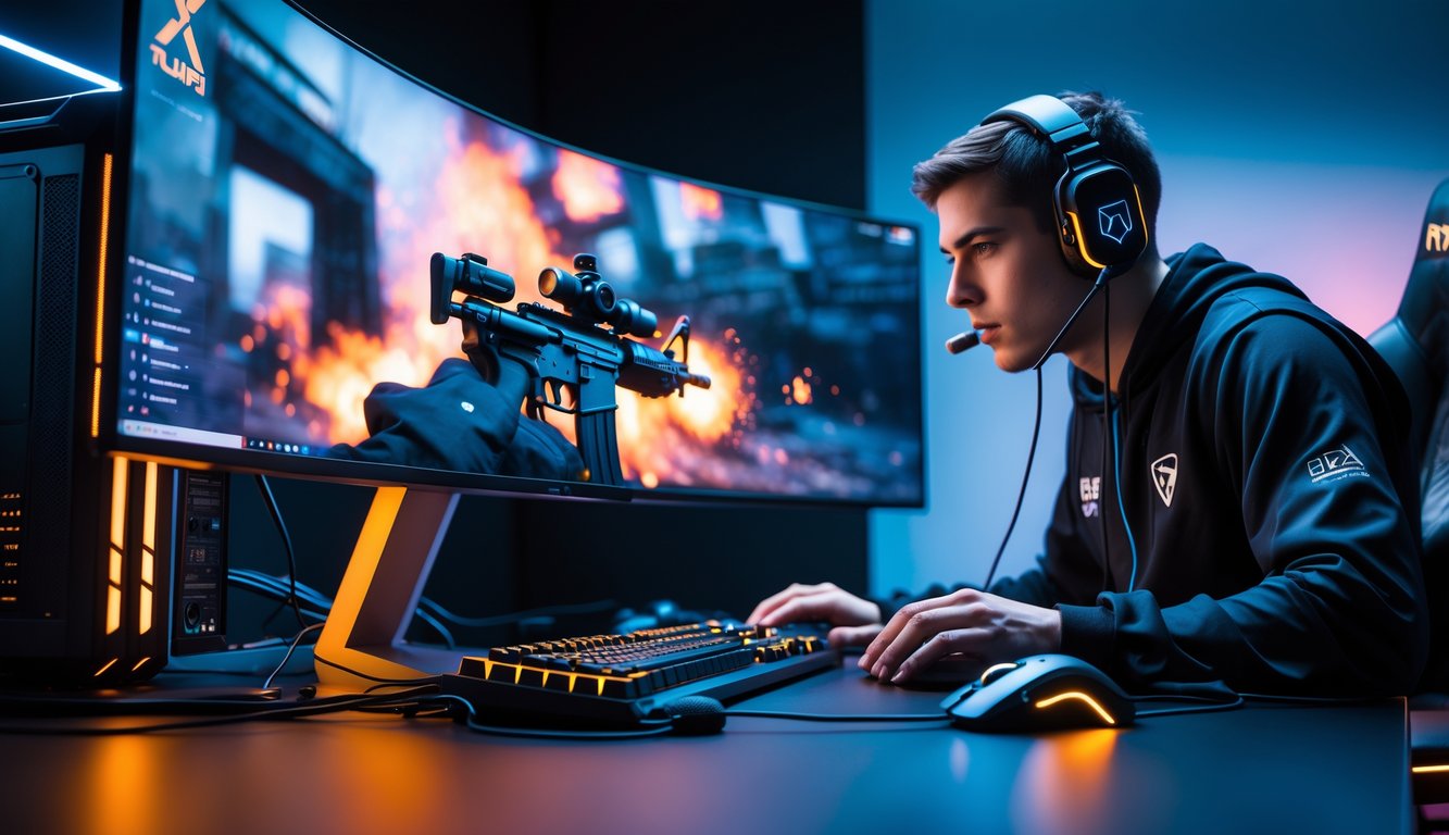 Seorang pemain esports sedang bermain Counter-Strike 2 di setup gaming modern dengan komputer dan monitor besar di ruangan gelap dengan pencahayaan biru dan oranye.