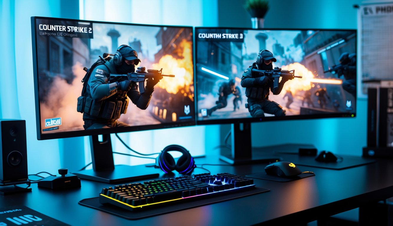 Sebuah setup gaming modern dengan komputer dan dua monitor menampilkan permainan Counter-Strike 2 dalam suasana kompetitif.