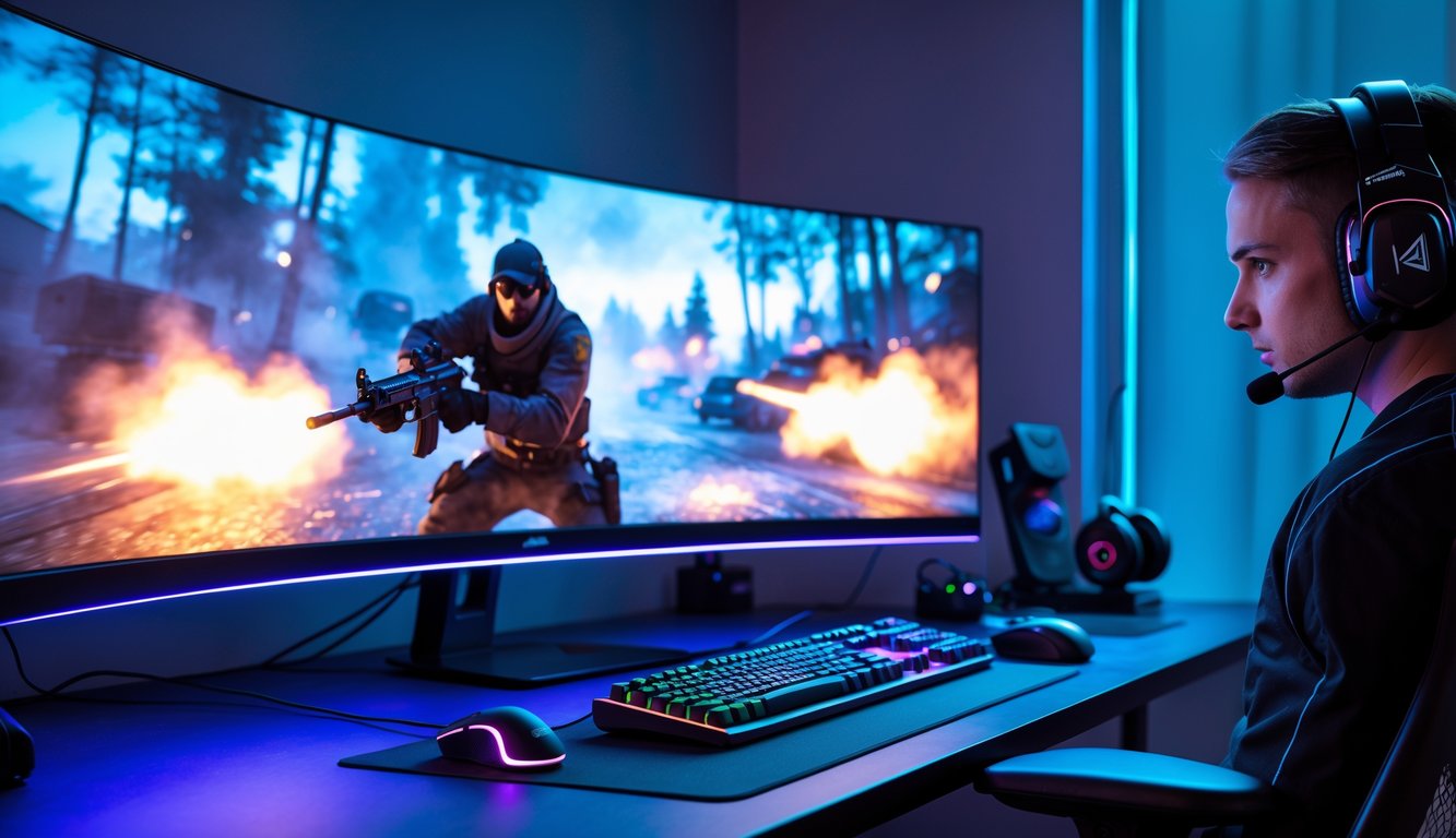 Sebuah setup gaming modern dengan monitor besar, keyboard mekanik, dan mouse gaming di meja yang rapi dengan pencahayaan biru dan ungu.