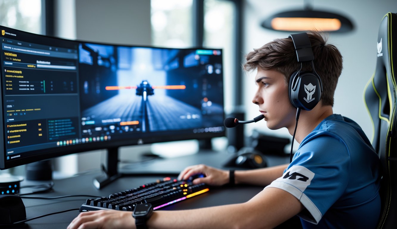 Seorang gamer muda yang fokus duduk di depan monitor besar dengan headset, bermain game tembak-menembak di meja gaming yang rapi dengan pencahayaan RGB.