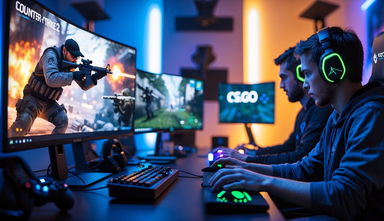 Dua pemain game sedang fokus bermain Counter-Strike 2 dan CS di ruangan gaming dengan monitor yang menampilkan permainan masing-masing.