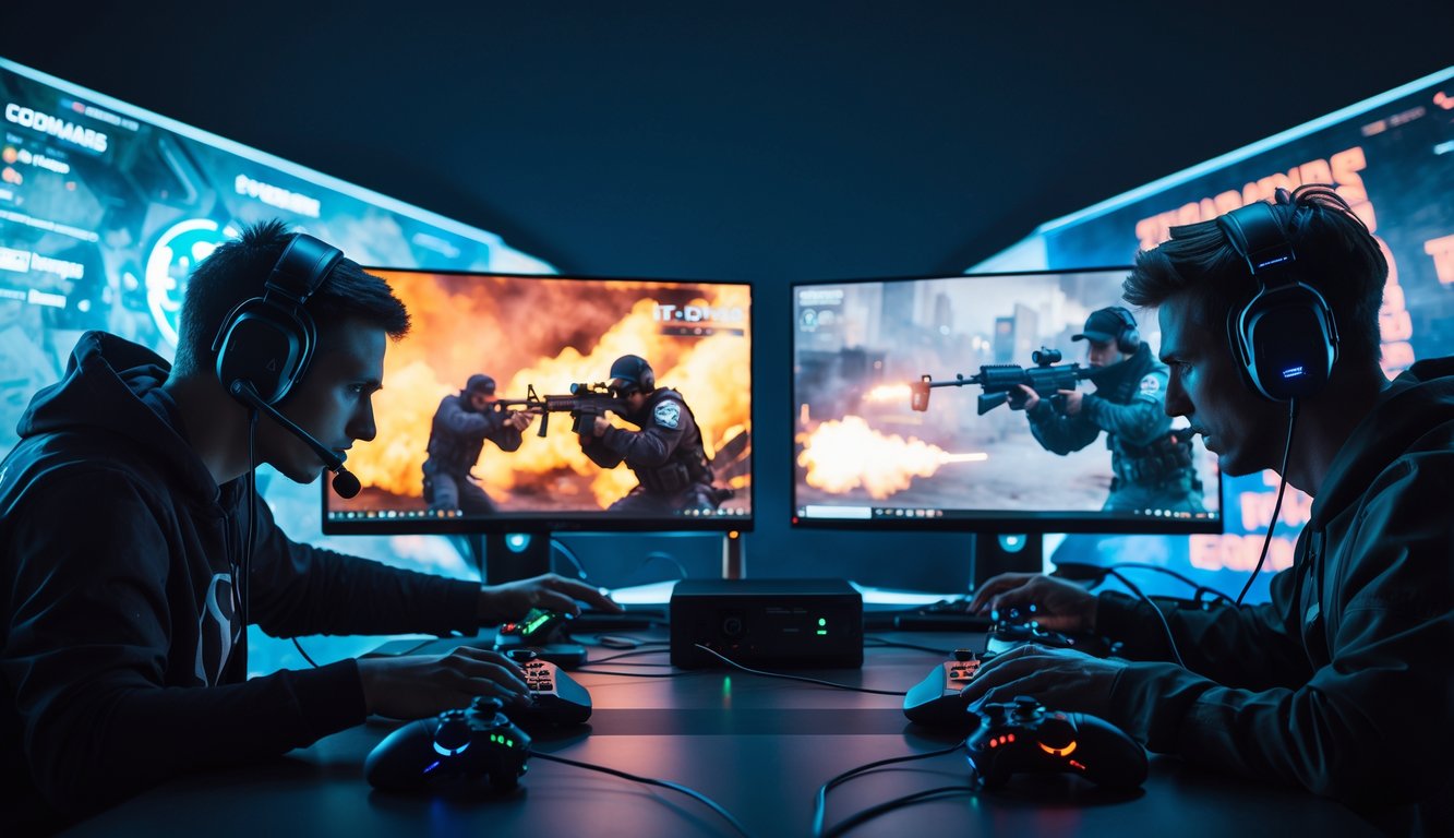 Dua pemain game sedang bermain intens di depan komputer dengan tampilan permainan tembak-menembak di layar.