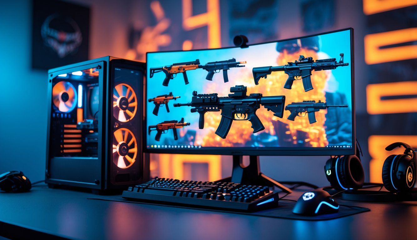 Sebuah setup gaming dengan komputer menampilkan berbagai senjata populer dari Counter-Strike 2 dengan latar belakang yang menggambarkan lingkungan peta berbeda dalam permainan.