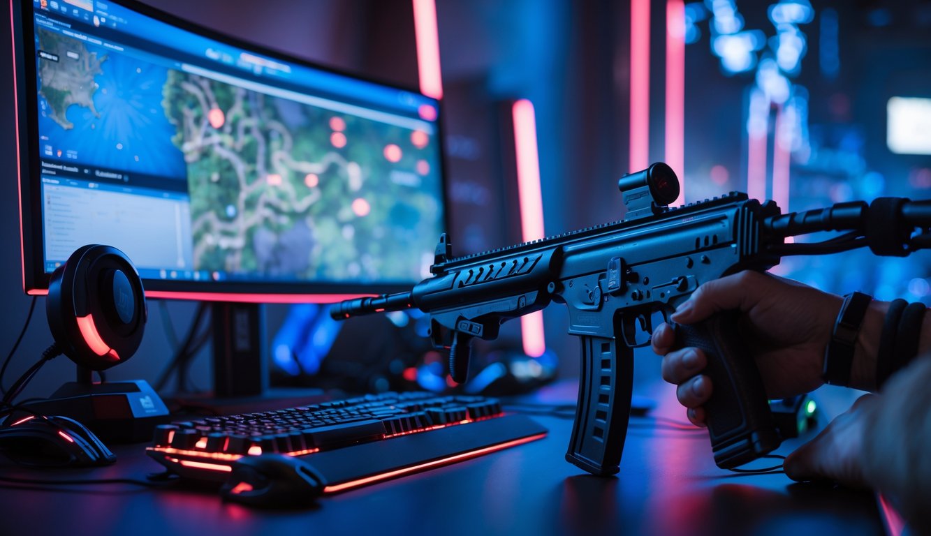Seorang pemain game sedang menggunakan komputer dengan layar menampilkan permainan Counter-Strike 2, memegang senjata replika di depan setup gaming.