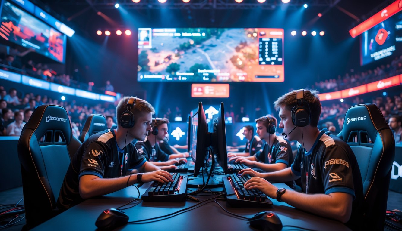 Suasana turnamen Counter-Strike 2 dengan pemain esports yang fokus bermain di arena yang dipenuhi penonton dan layar besar menampilkan permainan.