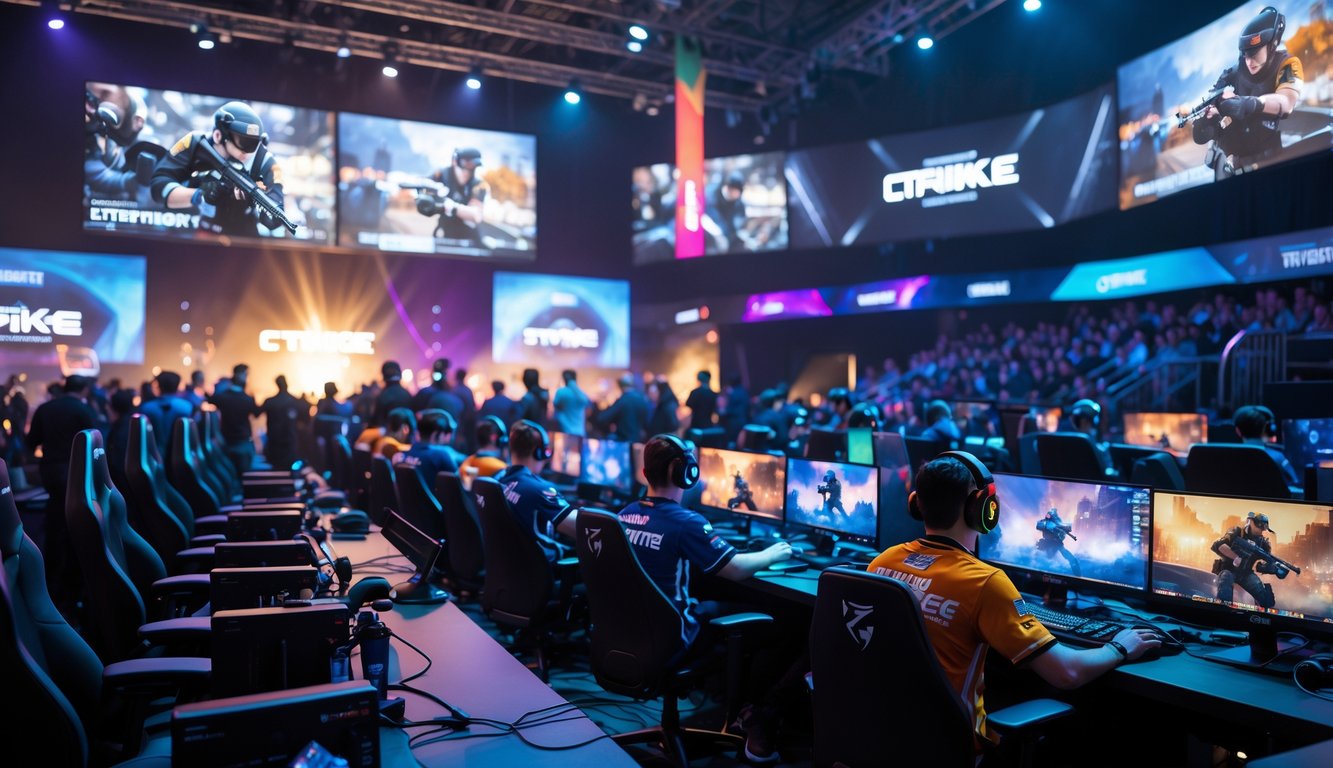 Suasana turnamen esports Counter-Strike 2 dengan pemain yang fokus bermain di depan komputer dan penonton yang menyaksikan pertandingan.