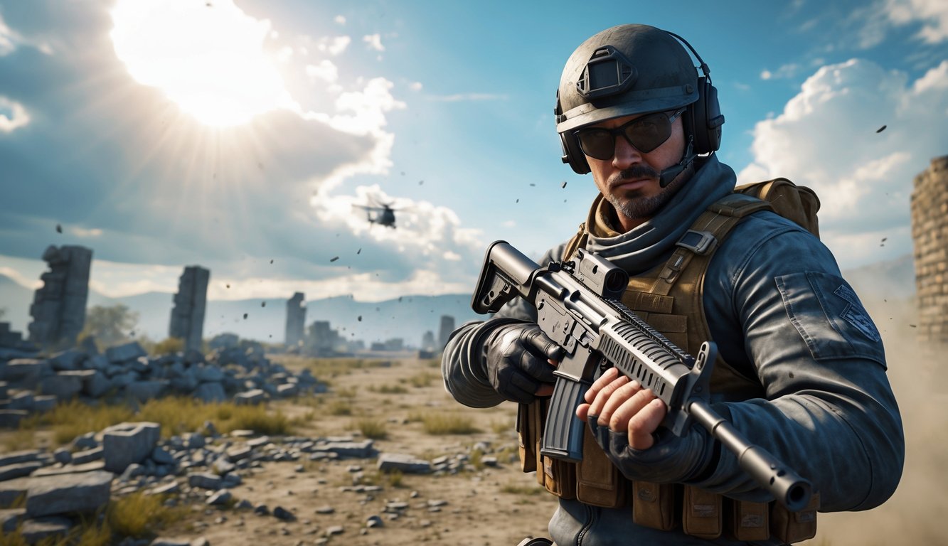 Seorang prajurit bersenjata lengkap sedang berada di medan pertempuran terbuka dengan latar belakang reruntuhan dan langit berawan.